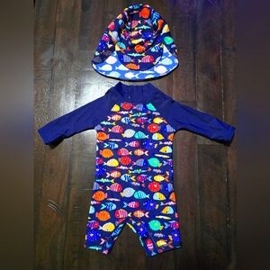 Colorful Fish Print Baby Swimsuit with Hat